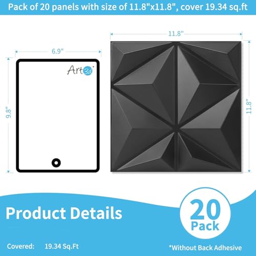 Image of Art3d 20 Pack Decorative 3D Wall Panels, 19 Sq.Feet PVC Interior Wall Decor for TV Background, Bedroom, Living Room, 11.8 inchx11.8 inch, Black