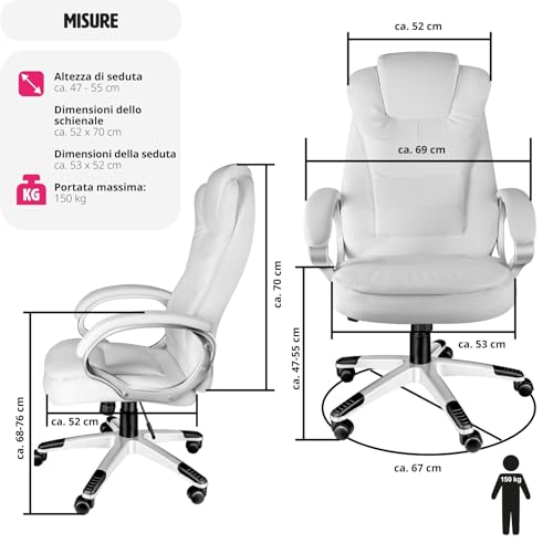 ® Poltrona da Ufficio Ergonomica, Sedia Ufficio con Imbottitura Extra Spessa, Poltrona con Poggia-testa Rinforzato, Regolazione Altezza con Molla a Gas, Inclinazione Personalizzabile - bianco - Sedia gaming - Immagine 1