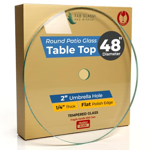 48 Inch Round Tempered Glass Table Top with 2 Inch Umbrella Hole – 1-4 Inch Thick Clear Glass with Polished Edge Perfect for Patio, Garden, and Outdoor Tables by Fab Glass and Mirror
