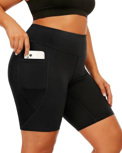 Holipick Women 8‘’ High Waisted Swim Shorts Tummy Control Board Shorts Long Boy Shorts Bathing Suit Shorts with Pockets, Black, Large