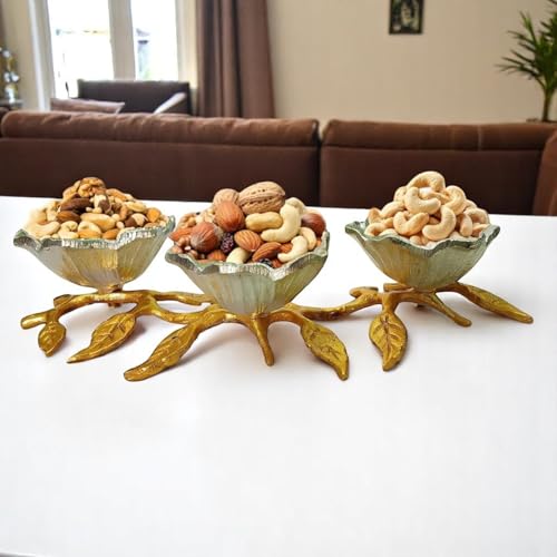 Image of Flower Shape Decorative Serving Bowls on Leaves Stand, 3 Bowls | Dry Fruits Serving Bowls | Tableware | Centerpiece | Gifting (Color- Gold & German Silver)