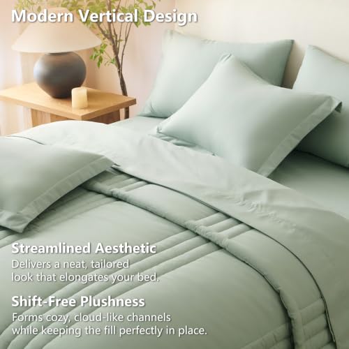 Image of CozyLux Queen Comforter Set Sage Green - 7 Pieces Bed in a Bag, Modern Vertical Quilted Room Decor, Soft All-Season Bedding Gift with Comforter, Sheets, Pillowcases & Shams