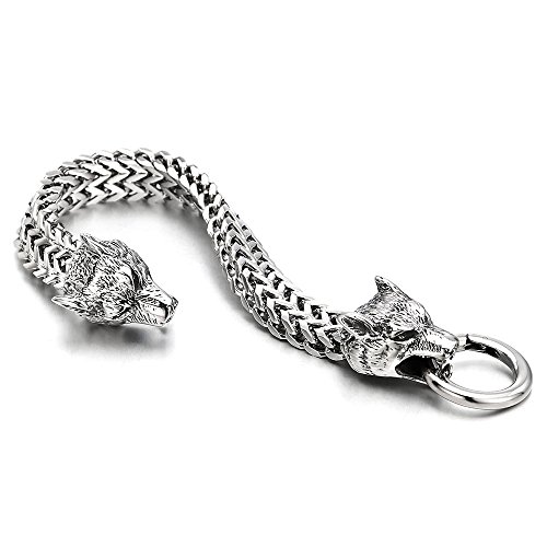 Coolsteelandbeyond Biker Mens Stainless Steel Wolf Head Franco Link Curb Chain Bracelet With Spring Ring Clasp 8.7 Inch #TOP3