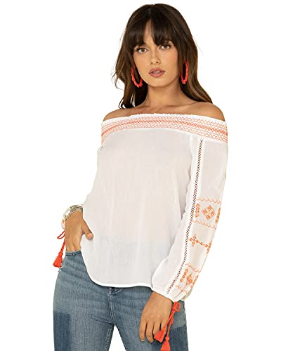 Wrangler Women's Embroidered Tassel Off Shoulder Top Ivory X-Large #TOP29