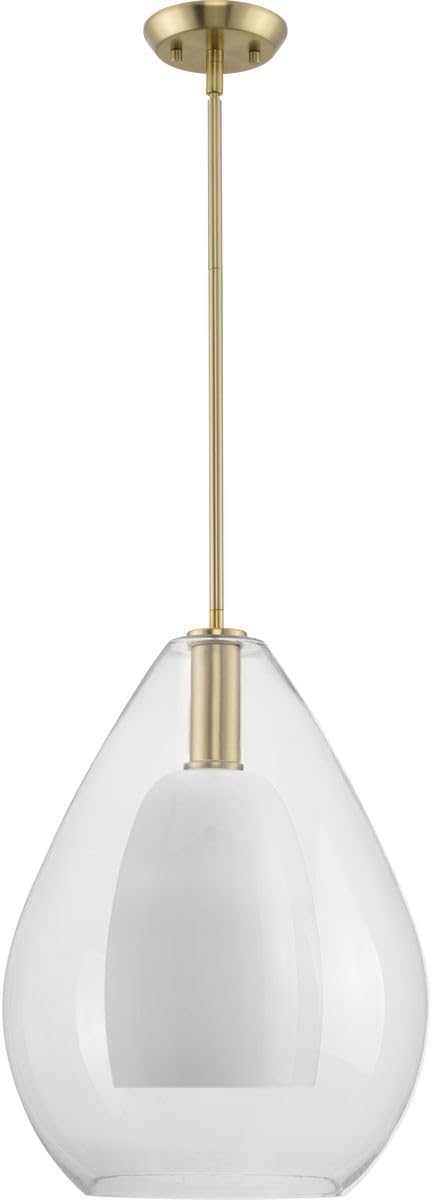 Progress Lighting Carillon 100W 1-Light Brushed Gold Contemporary Pendant with Opal Glass Shade