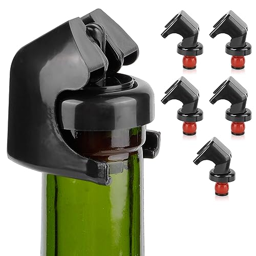 HERCHR 5PCS Champagne&Wine Bottle Stoppers, Wine Stoppers for Wine Bottles with Food Grade Silicone Leak Proof Keep Fresh Professional Wine Saver for Champagne Cava Prosecco and Sparkling, Black