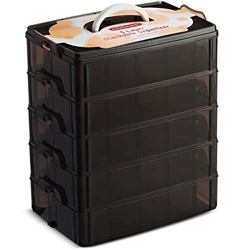 LifeSmart USA Stackable Storage Container Black 50 Adjustable Compartments Compatible with Lego Dimensions LOL Surprise Littlest Pet Shop Arts and Crafts and More (5 Tier)