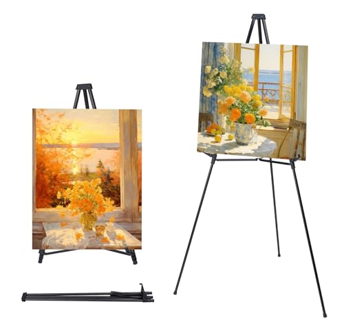 MXG Professional Aluminum Foldable Display Easel for Painting, Signs, Poster, 33-64" Height Adjustable Table Top & Floor Metal Tripod for Canvas, Art, Exhibits, Office, Outdoor - Black