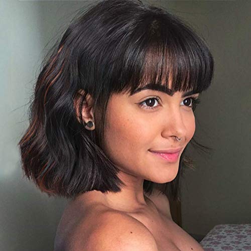 12" Short Curly Bob Wigs with Bangs Mix Black and Brown Synthetic Wavy Wave Bob Wig Natural Looking Heat Resistant Fiber Wigs for Women(#P2/30)……