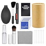 Set de limpieza profesional: 1 x Caja de almacenaje, 1 x Botella de spray, 2 x Brocha para lentes, 1 x Doble cara para limpiar la lente de la pluma, 1 x Soplador de aire,1 x pañuelos de limpieza de cámara, 6 x Hisopos de lana de algodón, 4 x Toallitas limpiadoras para lentes, 1 x Prenda de limpieza de microfibra.
