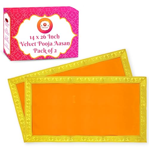 Image of Bhakti Lehar (14 x 26 Inch) Plain Orange Velvet Pooja Aasan for God Idol /Chowki Aasan Kapda Cloth for Temple Shelf Home Mandir, Ganesh Baithak and God Idol Sitting - Pack of 2