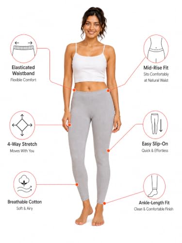 Image of Women's Cotton Lycra Ankle Length Leggings | Regular Rise, Soft 4 Way Stretch Fabric | Casual & Ethnic Wear