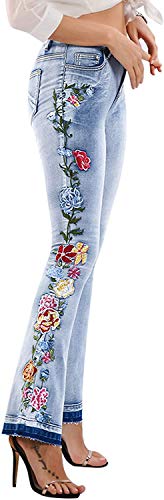 CHARTOU Womens Chic Floral Embroidered High-Rise Bell Bottom Flare Jeans Broad Feet Long Denim Pants
