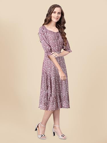 Image of Toochki Women's Maroon Muslin Floral Fit & Flared Western Dress | Dress for Women | A line Dress | Winter Dress | Western Dress | Women Dress | Trendy Dress | Midi Dress