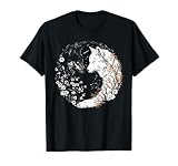 Yin Yang Of White And Black Wolves With Flower Wolf Lover T-Shirt