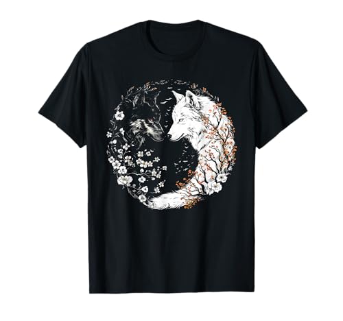 Yin Yang Of White And Black Wolves With Flower Wolf Lover T-Shirt
