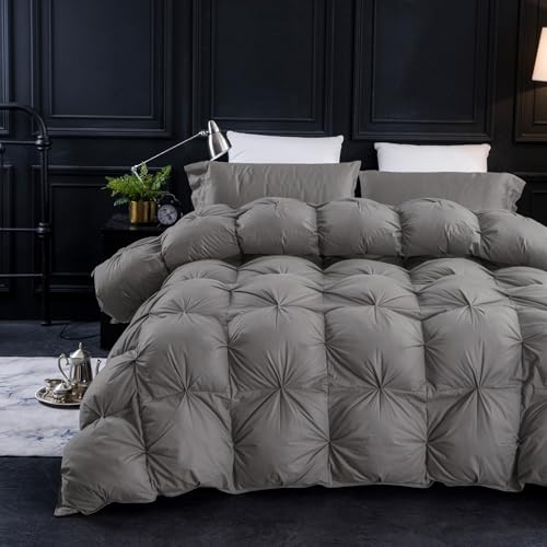 Three Geese Oversized King Size Pinch Pleat Feather Down Fiber Comforter - All-Season Down Duvet Insert Fluffy Baffle Box Design with 8 Corner Loops for Warmth and Softness.