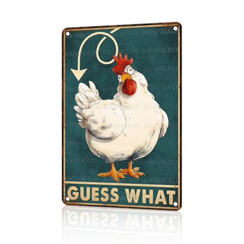 Vintage Chicken Tin Sign Guess What Retro Wall Decor Funny Nostalgic Rustic Metal Poster Chicken Lovers Decorations for Home Poultry House Coop Office Farmhouse Kitchen Outdoor 12 * 8 In