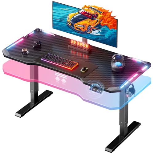 Image of HLDIRECT Electric Gaming Standing Desk with LED Lights - 47 inch Height Adjustable Sit Stand Desk, Carbon Fiber Gaming Table with Headphone Hook for Home Office PC Gamer, Black
