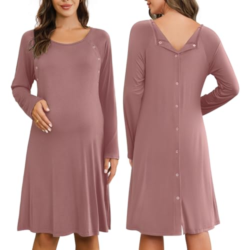 Image of Ekouaer Women Maternity Nightgown Labor Delivery Nursing Gown Hospital Breastfeeding Dress Button Down Long Sleeve Sleepwear