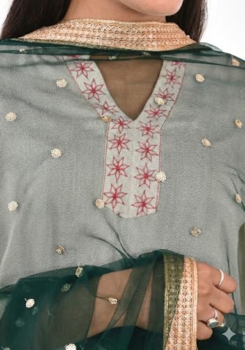 Image of YOUTHQUAKE Women's Net Embroidered Full Size Dupatta With 4 Side Golden Lace