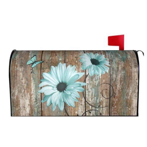 Image of Rustic Daisy Board Mailbox Cover Magnetic, Teal Sunflowers Vintage Wood Grain Plank Mailbox Wrap Letter Post Box Cover for Yard Garden Outside Home Decor, Large Size 25.5x21 Inch