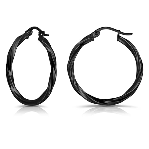 Hoops & Loops 925 Sterling Silver Twisted Hoop Earrings for Women - Hypoallergenic 14K Gold, Rose Gold, Black Flash Plated 2mm Thin Twist Design Round Click-Top Hoops, 15/20/25/30/35/40/50/60mm