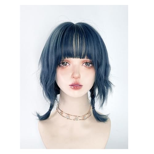 Perruque bleue frange contre cheveux plats coupe mulet ondulée volume - 5