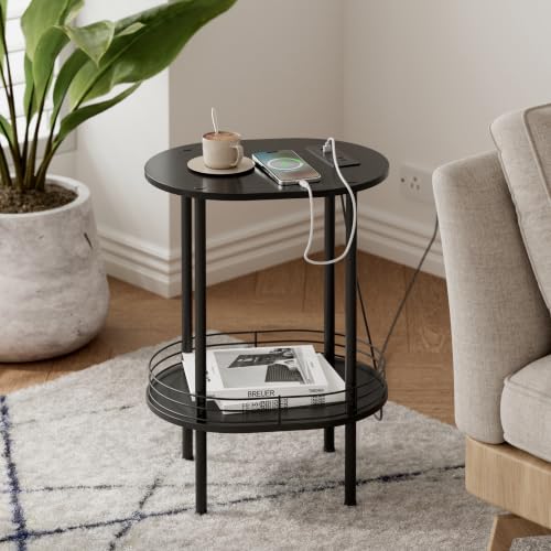 Image of Small Oval Side Table with Charging Station, 2-Tier Black Round End Table | Narrow Nightstand with USB Ports and Outlets, Bedside Table for Small Space - Living Room, Bedroom, Nursery,(1PC,Black)