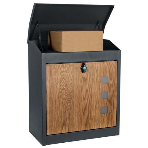 JUMI Wetterfest Briefkasten und Paketbox - Rostfrei und Massiv - Standbriefkasten Modern - Stahlblech Rückholsperre - Schublade und Schrank - Mailbox - aus Metall, Anthrazit + Holz Motiv