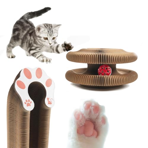 Awpland Kitty Kurlz - Brinquedo para gatos, tabuleiro mágico para raspar com uma bola, dobrável, reciclável, brinquedo de acordeão para gatos de interior, exercício físico mental e alívio do stress