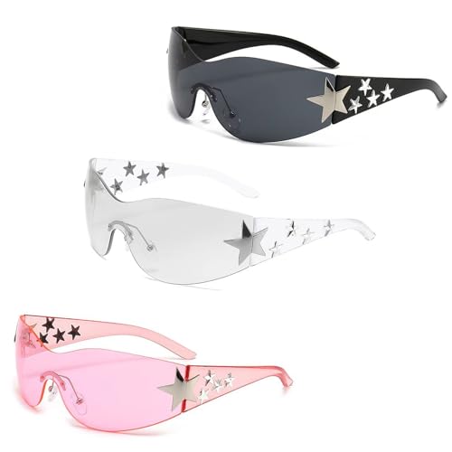3 Pcs Y2K Sunglasses for Women Men, Trendy Shield Wrap Around Sun Glasses, Rimless Star Sunglasses Oversized Glasses Shades for Camping Cycling Driving Shopping Outdoor