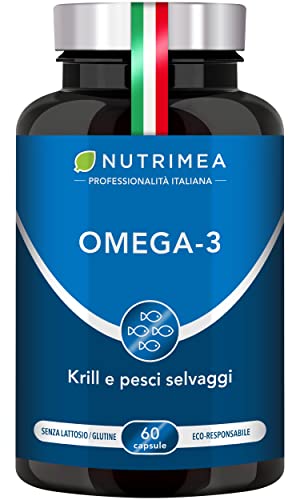 Omega 3 Krill Olio di Pesce | 1000 mg Olio di Sardine e Olio di Krill | 480 mg di EPA DHA | 60 capsule | Pesci Selvatici derivati da Pesca Sostenibile