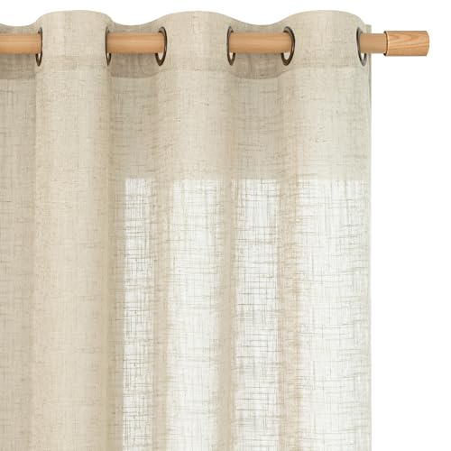 LAMIT Sheer Linen Curtains 84 Inches Long for Living Room, Light Filtering Boho Window Treatments Semi Sheer Neutral Drapes with Bronze Grommet for Bedroom, 52 X 84 Inch, 2 Panels Set, Linen