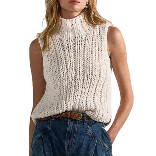 HUEOBIR Womens Chunky Sweater Vest Casual Mock Neck Knit Tank Tops,White,M
