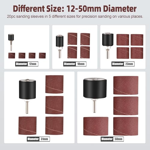 FreeTec 25tlg Schleifhülsen Schleifwalzen für Bohrmaschine, 80 120 Körnung Schleifhülsen Schleiftrommel Set, 1/4 1/8 Schleifspindel Schleifwalzen für Holz, Schleif Zubehör, Ø 12 18 23 31 50 mm