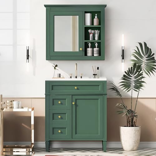 Image of Merax 30 Inch Bathroom Vanity with Sink Set, Modern Bathroom Vanity Storage Cabinet with Matching Mirror Medicine Cabinet, Solid Wood Frame,Painted Finish, 2 Drawers and 1 Tip-Out Drawer, Green
