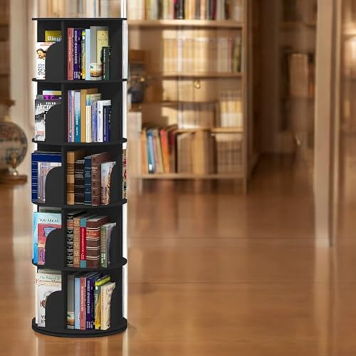 Image of AESTHETIC DECOR Wooden Rotating 360 preassembled Book Shelf Tower case Open Rack Organiser Space-Saving 5 Tier Corner Stand for Home Library Kids Room Ready to Use (Black) Multipurpose use