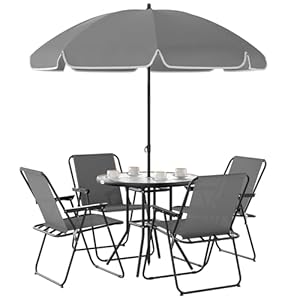 Outsunny 6 Pieces Patio Dining Set for 4, Outdoor Patio Set with Umbrella, Folding Chairs and Glass Table, Patio Furniture Dining Table Set for Garden Backyard Deck, Grey