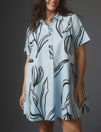 Image of Women's Short Sleeve Swing Tunic Mini Dress Button Up Blouse Shirt Summer Loose Casual Flowy A Line Short Dress