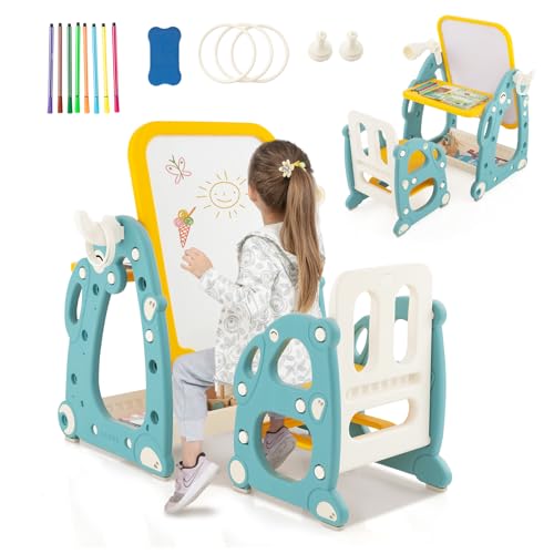 HOMASIS Cavalletto da pittura per bambini con sedia, lavagna per bambini ad altezza regolabile, tavolino multifunzione e salvaspazio, con penne, gomma per lavagne bianche, blu e giallo