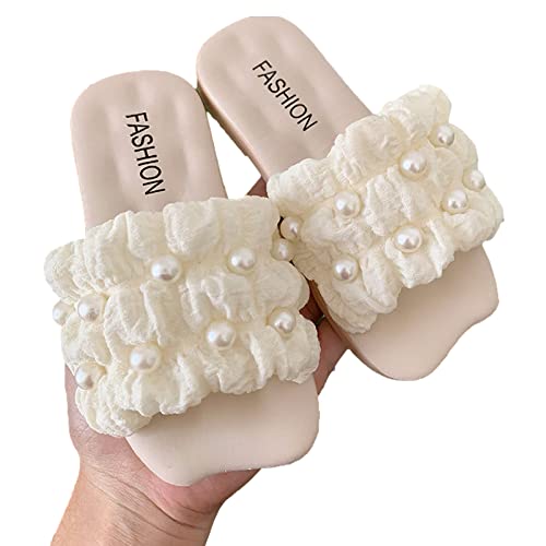 rismart Girls' Pearl Slide Sandals Open Toe Wide Flat Summer Slippers for Indoor Outdoor2