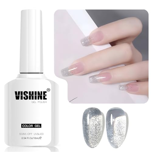 Vishine Glitter Gel Nail Polish, 16ml Silver Sparkle UV Gel, Diamond Shiny Soak-Off Gel Polish for Nail Art & Home DIY, Shade L306 Frosted Stardust