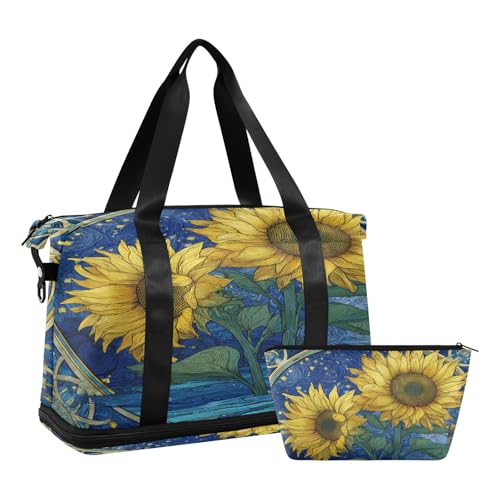 Stars Sunflower Blue Travel Duffel Bag for Women Men Gym Bag with Shoe Compartment Wet Pocket Carry On Weekender Overnight Bags for Airline Travel Gym2