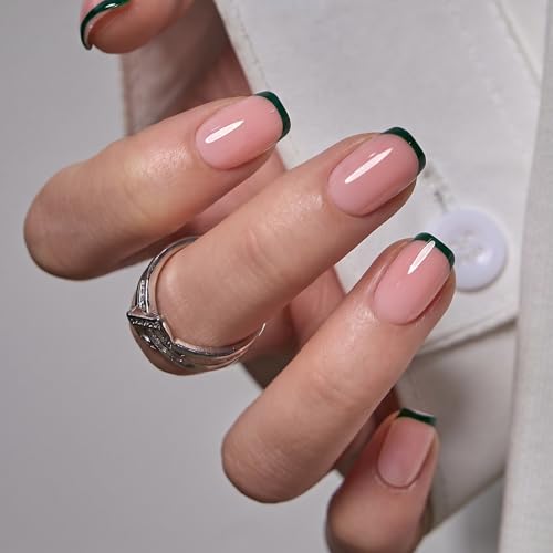 Image of CurvLife Soft Gel Square Press-On Nails Short, Reusable French Tip Fake Nails with Glue & Adhesive Tabs, 32PCS 16Size Salon-Quality Stick-On Nails for At-Home Manicure (Verdant Edge)