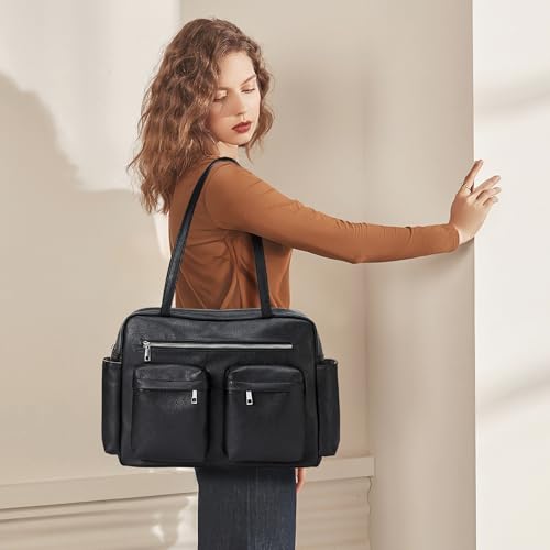 Image of KALIDI Tote Bag Vegan Leather Women Pocket Utility Bag Faux Leather Shoulder Travel Purse Vintage Handbag for Work