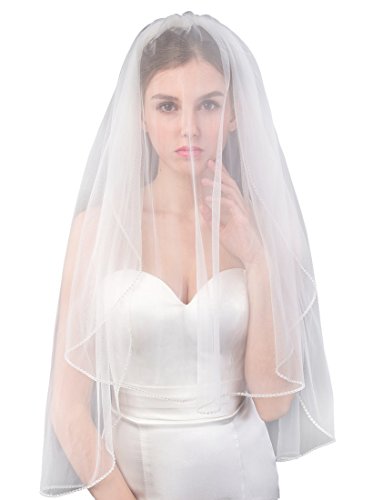EllieHouse Women's Short 2 Tier Beads Ivory Wedding Bridal Veil