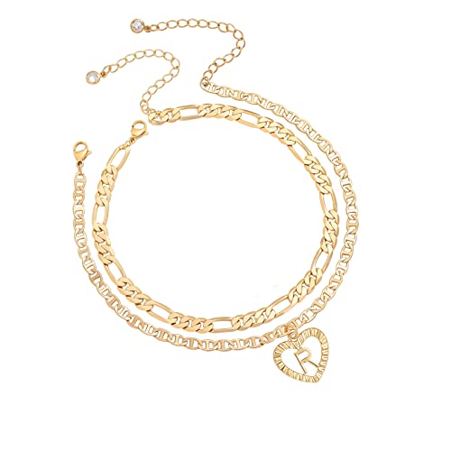 Image of Initial Ankle Bracelets for Women 2pcs 18K Gold Plated Handmade Layered Letter Heart Figaro Chain Flat Mariner Anklets for Women Cute Summer Beach Foot Jewelry