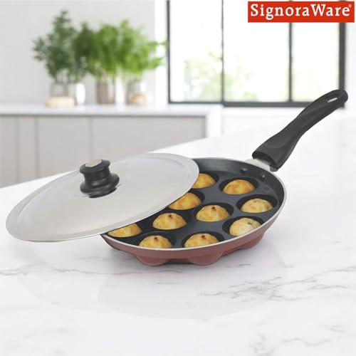 Image of Signoraware Perfecto Non Stick Appapatram with Steel Lid | Gas & Induction Compatible | Ideal for Traditional Appams & Paniyarams | Best for Quick Breakfast, Evening Snacks or Festive Treats (Steel)