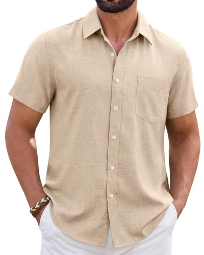ROUWELL Tan Mens Linen Shirt Short Sleeve Casual Wrinkle Free Button Down Shirts Untucked Summer Lightweight Tops Beach L